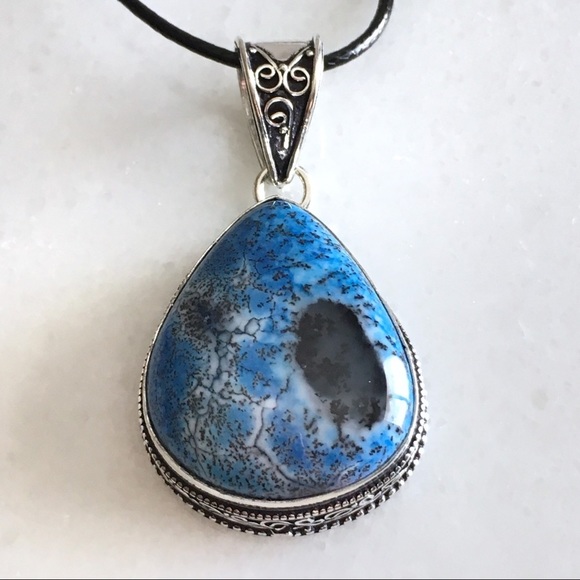 New Blue Dendritic Opal Stone Silver Overlay Pendant Necklace 19” - Picture 7 of 7